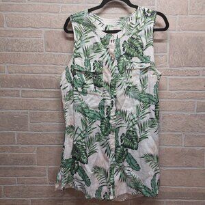 C & C California Women White w/Green Floral 100% Linen Button Down Shirt size 1X